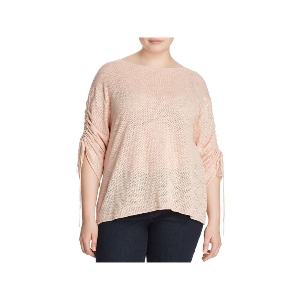 VINCE CAMUTO Womens Knit Tie Ruched 3/4 Sleeve Pointelle Boat Neck Sweater